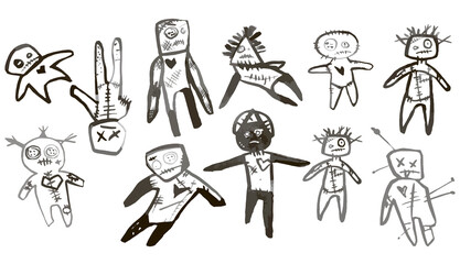 Line Drawing Freehand Voodoo Dolls Patchwork Handmade Style. Witch Set Design For Halloween. Ritual Doll With Needles Cartoon Style. Illustration For Children's Book Logo Frightening Black Line