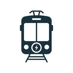 Stop Station Sign for Ecology Electrical Public Transport Black Icon. Electric Tram Silhouette Glyph Pictogram. Eco Streetcar in Front View Icon. Ecology Tramway Symbol. Isolated Vector Illustration