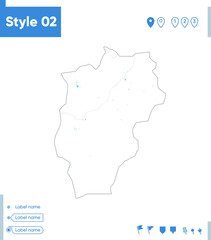 Ovorkhangai, Mongolia - stroke map isolated on white background with water and roads. Vector map