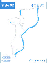 Mozambique - stroke map isolated on white background with water and roads. Vector map