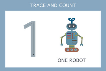 Numbers for kids. Worksheet for kindergarten and preschool. Training to write and count numbers with funny  robots