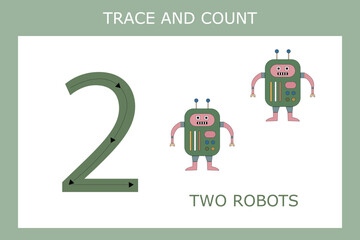 Numbers for kids. Worksheet for kindergarten and preschool. Training to write and count numbers with funny  robots