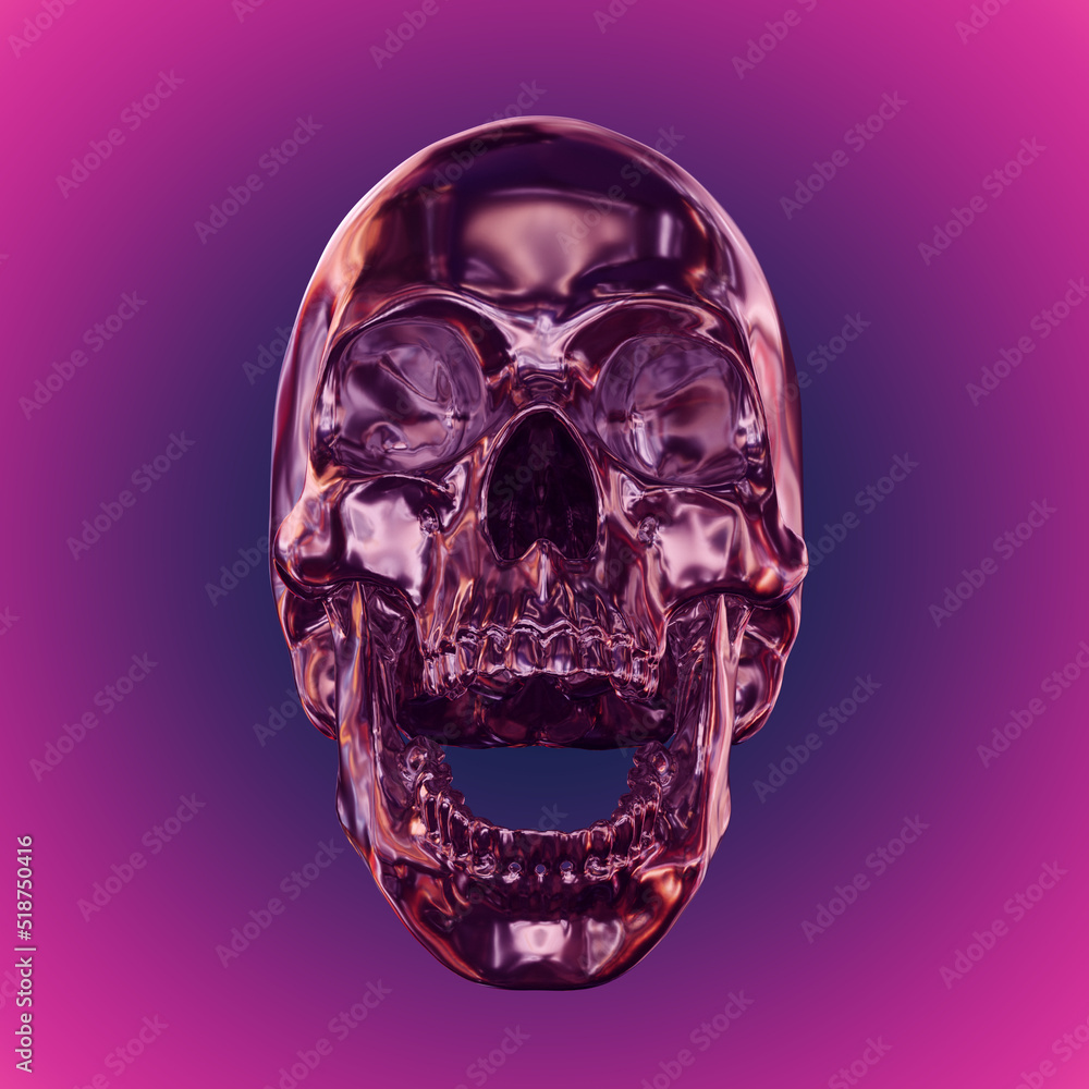 Poster abstract illustration from 3d rendering of a front view screaming skull made of chrome reflecting me