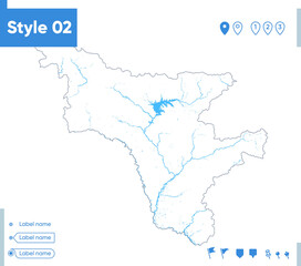 Amur Region, Russia - stroke map isolated on white background with water and roads. Vector map