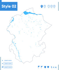 Chuvash Republic, Russia - stroke map isolated on white background with water and roads. Vector map