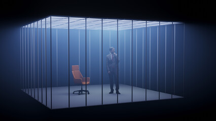 Businessman in prison office cage with chair concept. 3d rendering