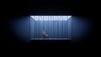 Prison office cage with chair concept under isolate into dark room. 3d rendering