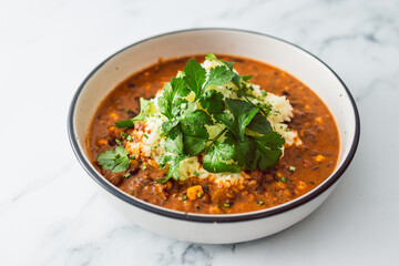 healthy plant-based food, vegan lentil and beans curry with coconut jasmine rice and coriander