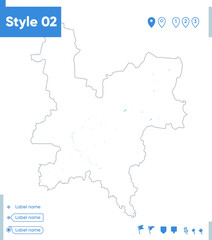 Kirov Region, Russia - stroke map isolated on white background with water and roads. Vector map