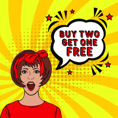 Comic book explosion with text Buy two get one free, vector illustration. Buy two get one free in comic pop art style. Comic advertising concept with Buy two get one free. Modern Web Banner Element