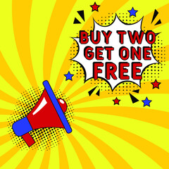 Comic book explosion with text Buy two get one free, vector illustration. Buy two get one free in comic pop art style. Comic advertising concept with Buy two get one free. Modern Web Banner Element