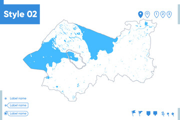 Obraz premium Leningrad Region, Russia - stroke map isolated on white background with water and roads. Vector map