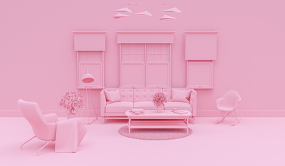 Interior of the living room in plain monochrome pink color with accessories. 3D rendering for web page, presentation or picture frame backgrounds.