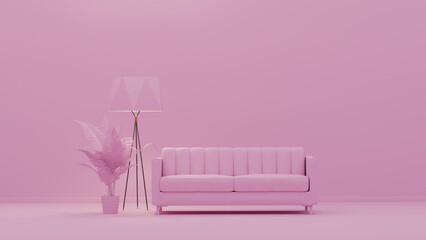 Interior room in plain monochrome light pink color with sofa, floor lamp and decorative vase and plant. Light background with copy space. 3D rendering for web page, presentation background