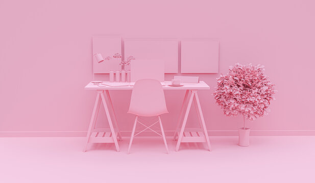 Creative Interior Study Room In Pink Studio With Comfortable Table And Chair. Modern Living Room Minimal Concept 3d Render