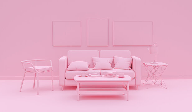 Interior room in plain monochrome pink color with furnitures and room accessories. Light background with copy space. 3D rendering for web page, presentation or picture frame backgrounds.