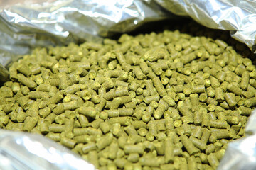 Granulated hops in the hands of a man. Substrate for the production of beer. Lots of hops in the packaging.