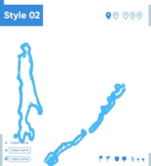 Sakhalin Region, Russia - stroke map isolated on white background with water and roads. Vector map