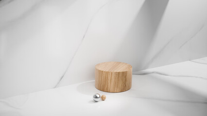 Fototapeta na wymiar 3d rendering wood podium minimal marble wall scene. Minimalist product shooting background concept.