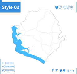 Sierra Leone - stroke map isolated on white background with water and roads. Vector map