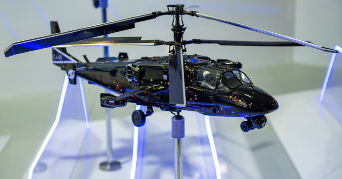August 30, 2019, Moscow region, Russia. Model of the Russian reconnaissance and strike helicopter Ka-52 "Alligator"