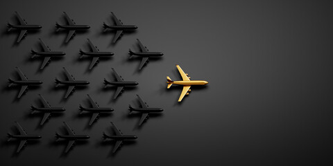 Golden leader airplane in a crowd of many black airplanes - being different concept - 3D illustration	
