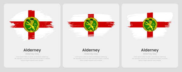 A set of vector brush flags of Alderney on abstract card with shadow effect