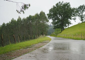 Paisaje bajo la lluvia. Carretera de cemento en la monta&ntilde;a.