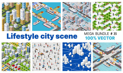 The city lifestyle scene set 3D illustration on urban themes with houses