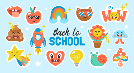 Back to school banner design with cute creative stickers. Childish print for planner, cards and journal decoration. Vector Illustration