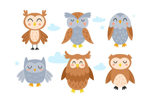 Cute owl character design set. Childish print for stickers, apparel, cards and nursery decoration. Vector Illustration