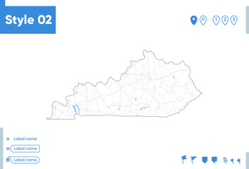 Kentucky, USA - stroke map isolated on white background with water and roads. Vector map