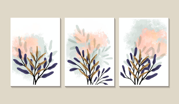 Botanical wall art vector set. Foliage line art drawing with abstract shape. Abstract Plant Art design for print, cover, wallpaper, Minimal and natural wall art. Vector illustration.