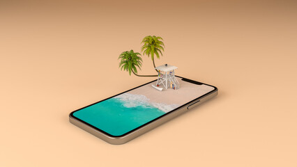 Summer vacation beach holiday travel destination on mobile phone screen, 3d rendering