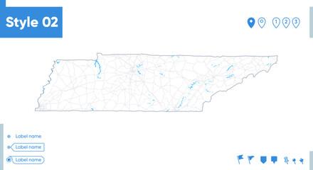 Tennessee, USA - stroke map isolated on white background with water and roads. Vector map