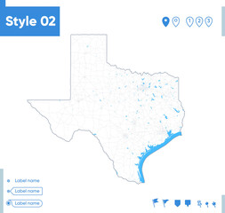 Texas, USA - stroke map isolated on white background with water and roads. Vector map