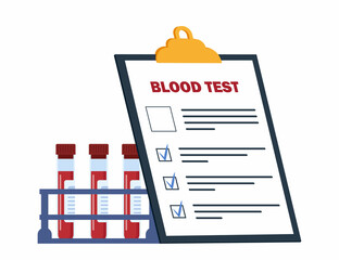 Medical blood test concept. Chemical laboratory analysis, medical office or laboratory. Patient blood in test tubes. Exam checklist blank document. Banner, flyer, landing page. Vector illustration.