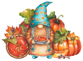 Gnome femele with pumpkins and pie