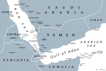 Foto op Plexiglas Gulf of Aden area, gray political map. Deepwater gulf between Yemen, Djibouti, the Guardafui Channel, Socotra and Somalia, connecting the Arabian Sea through the Bab-el-Mandeb strait with the Red Sea. © Peter Hermes Furian