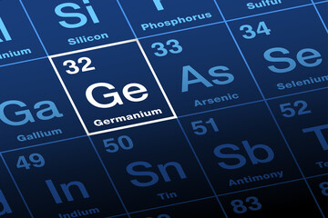Germanium on periodic table of the elements. Metalloid with symbol Ge from country name Germany, and with atomic number 32. Used as a semiconductor in transistors and various other electronic devices.