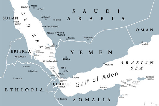 Gulf of Aden area, gray political map. Deepwater gulf between Yemen, Djibouti, the Guardafui Channel, Socotra and Somalia, connecting the Arabian Sea through the Bab-el-Mandeb strait with the Red Sea.