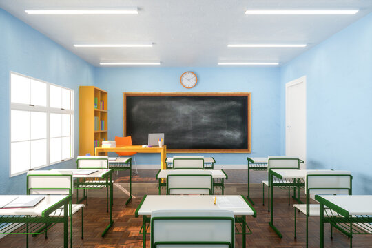 Interior of sunlit classroom with chalkboard. 3d render