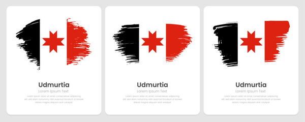 A set of vector brush flags of Udmurtia on abstract card with shadow effect