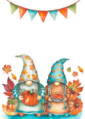 Invitation template with fall gnomes, flags and pumpkins