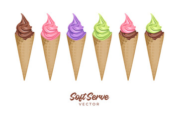 softserve ice cream vector on white background for menu or advertising. Ice cream with chocolate, strawberry and lemon.