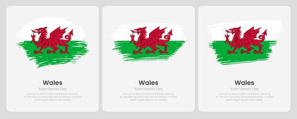 A set of vector brush flags of Wales on abstract card with shadow effect