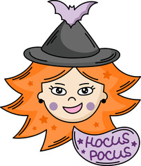 Cute witch face vector illustration. Funny cartoon mystic girl with ginger hair. Hocus pocus Halloween character clipart