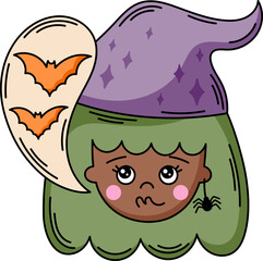 Cute witch face vector with bats illustration. Funny cartoon black girl. Halloween magic character clipart