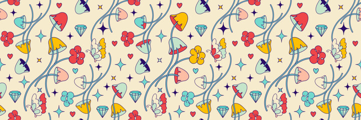 Wallpaper with mushroom. Sacred light wallpaper with magic fungi and fairy toadstools.Groovy hallucination vision, floral tricky seamless pattern.