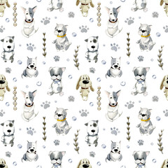 Watercolor cute animals. Seamless pattern. Cute puppies, footprints and plant twigs, isolated on a white background. - 518756264